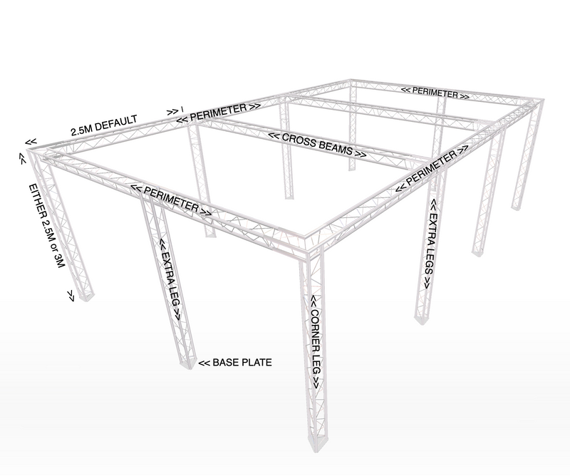 Modularer Truss-Ständer im Full-Perimeter-Stil, 2 m breit x 10 m tief | 3M hoch | Mit zusätzlichen Beinen (X6) | Mit Querträgern