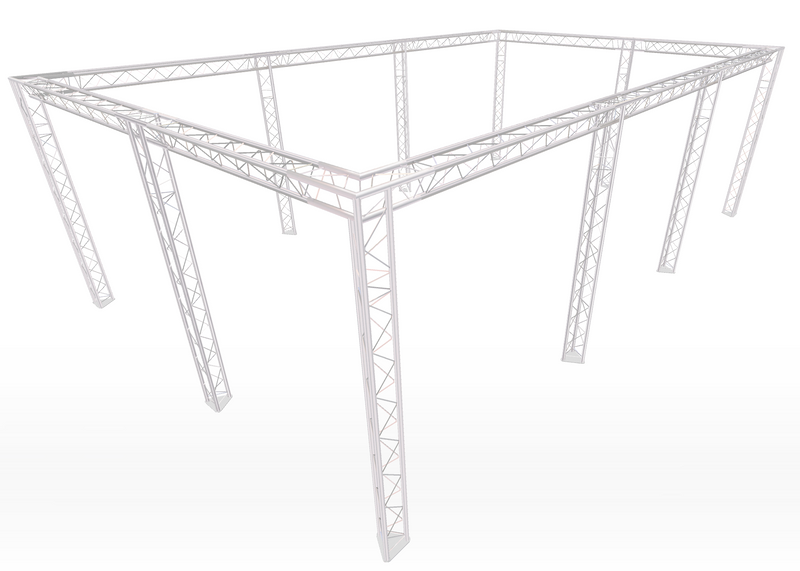Modularer Truss-Ständer im Full-Perimeter-Stil, 2 m breit x 10 m tief | 2,5 m hoch | Mit zusätzlichen Beinen (X6)