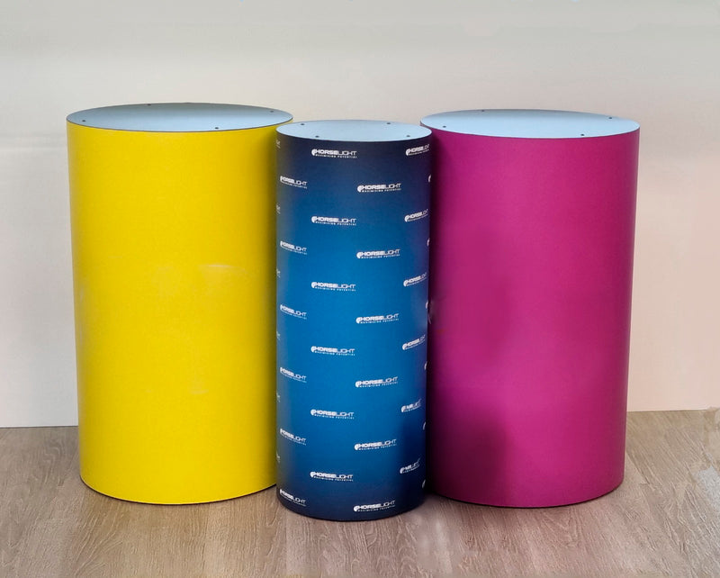 Round graphic branded display plinth, various widths and heights