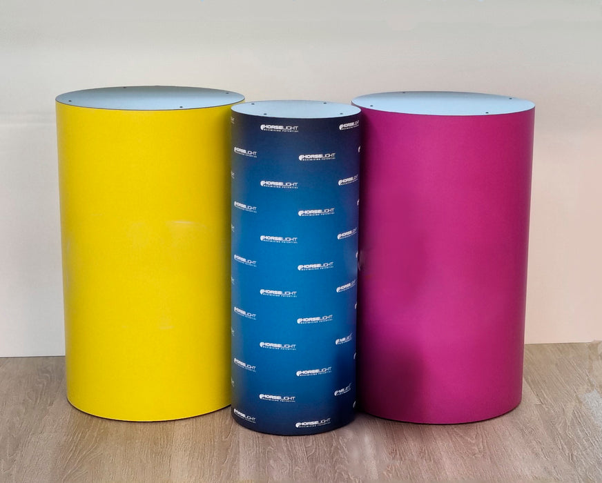 Round graphic branded display plinth, various widths and heights