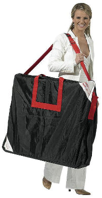 A person is shown holding a black folding display counter bag with red trim and handles.