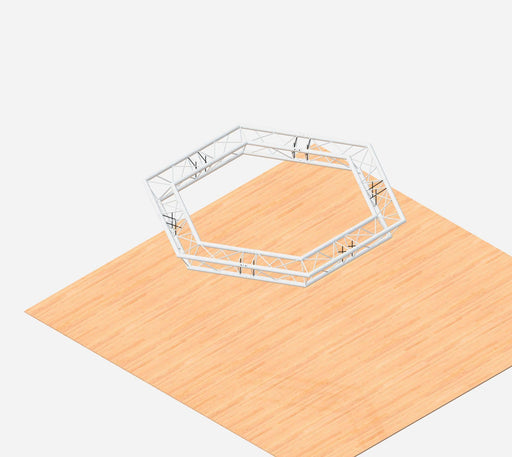 Hexagonal exhibition gantry flying rig for lights and printed screens