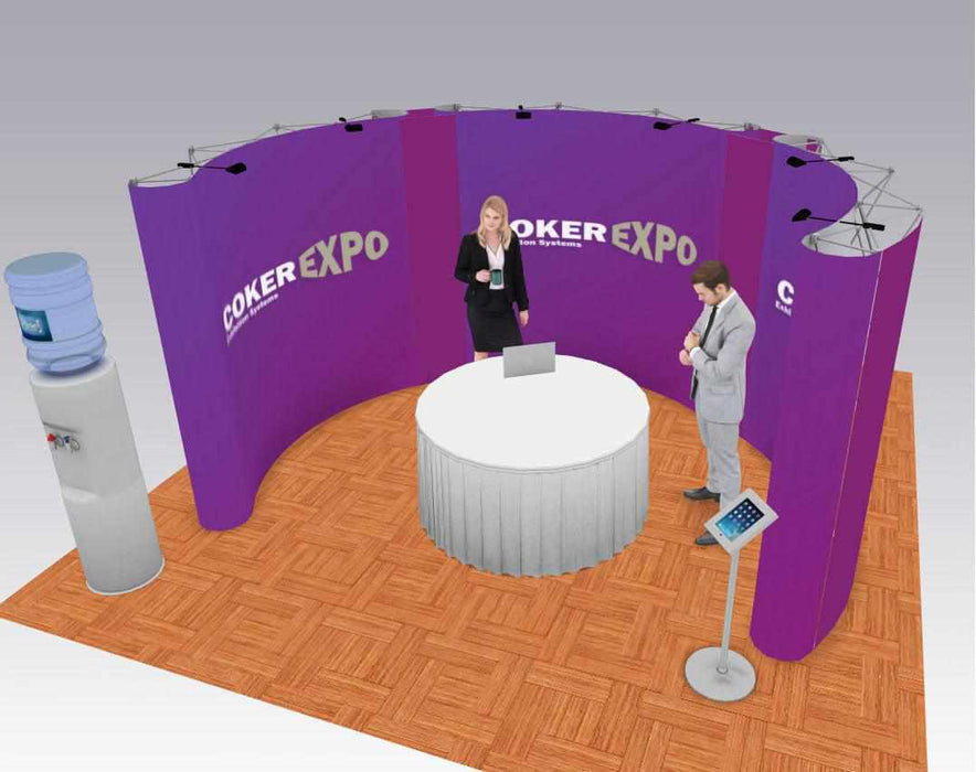 Fast curved pop up display stands linked together